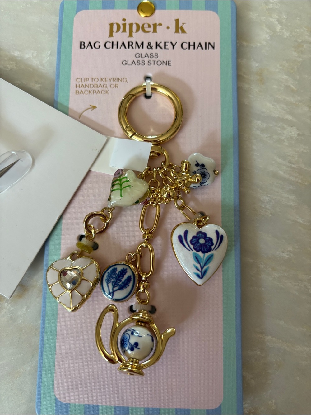 NWT Piper K Gold Tone Key & Bag Charm with Blue and White Porcelain Accents